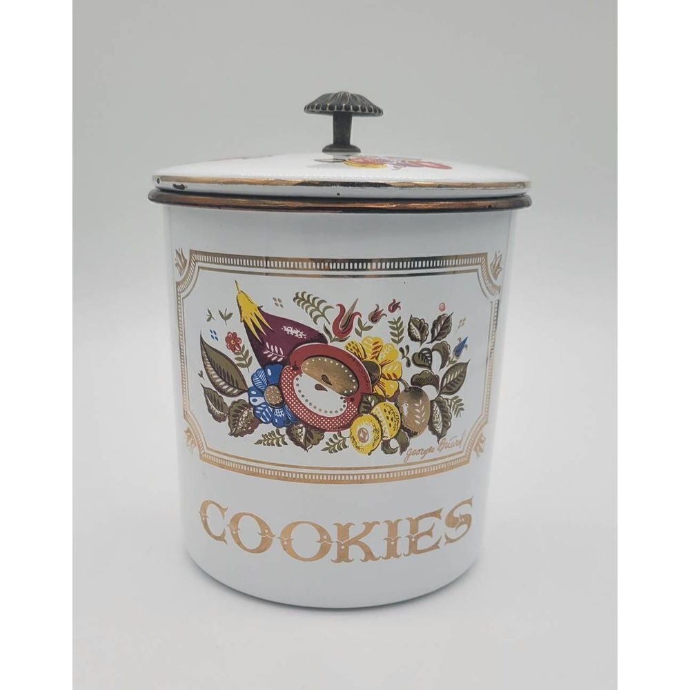 Midcentury 1960's Signed Georges Briard Fruit and Flower Enamelware Canister Coo